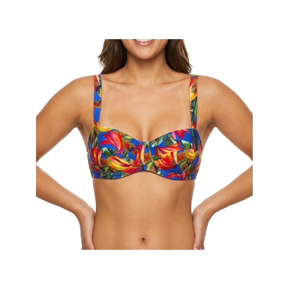 Farm Rio Banana Mix Cup Bikini Top Blue Tropical Floral Underwire XL NEW